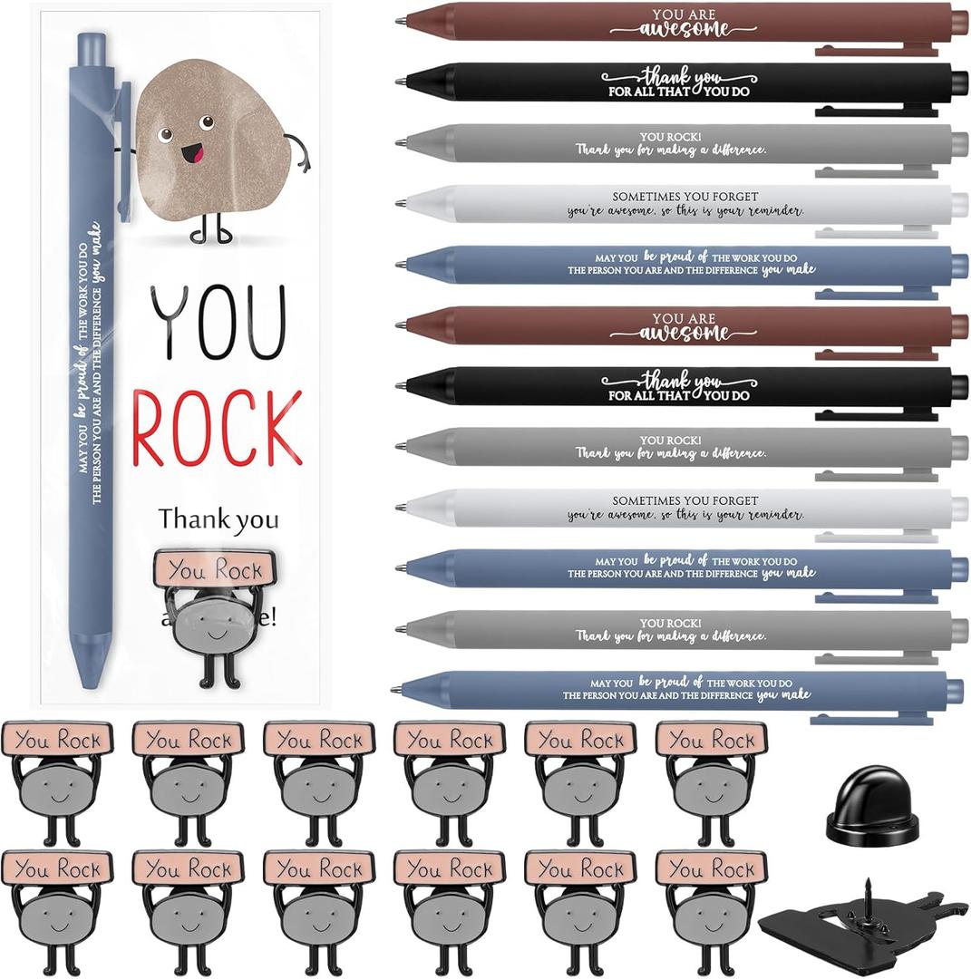 Sayglossy 24 Sets Employee Appreciation Funny Gift Motivational You Rock Gifts Bulk Ballpoint Pens Inspirational Cards Brooch Pin Organza Bags Inspirational Gift for Coworker Staff
