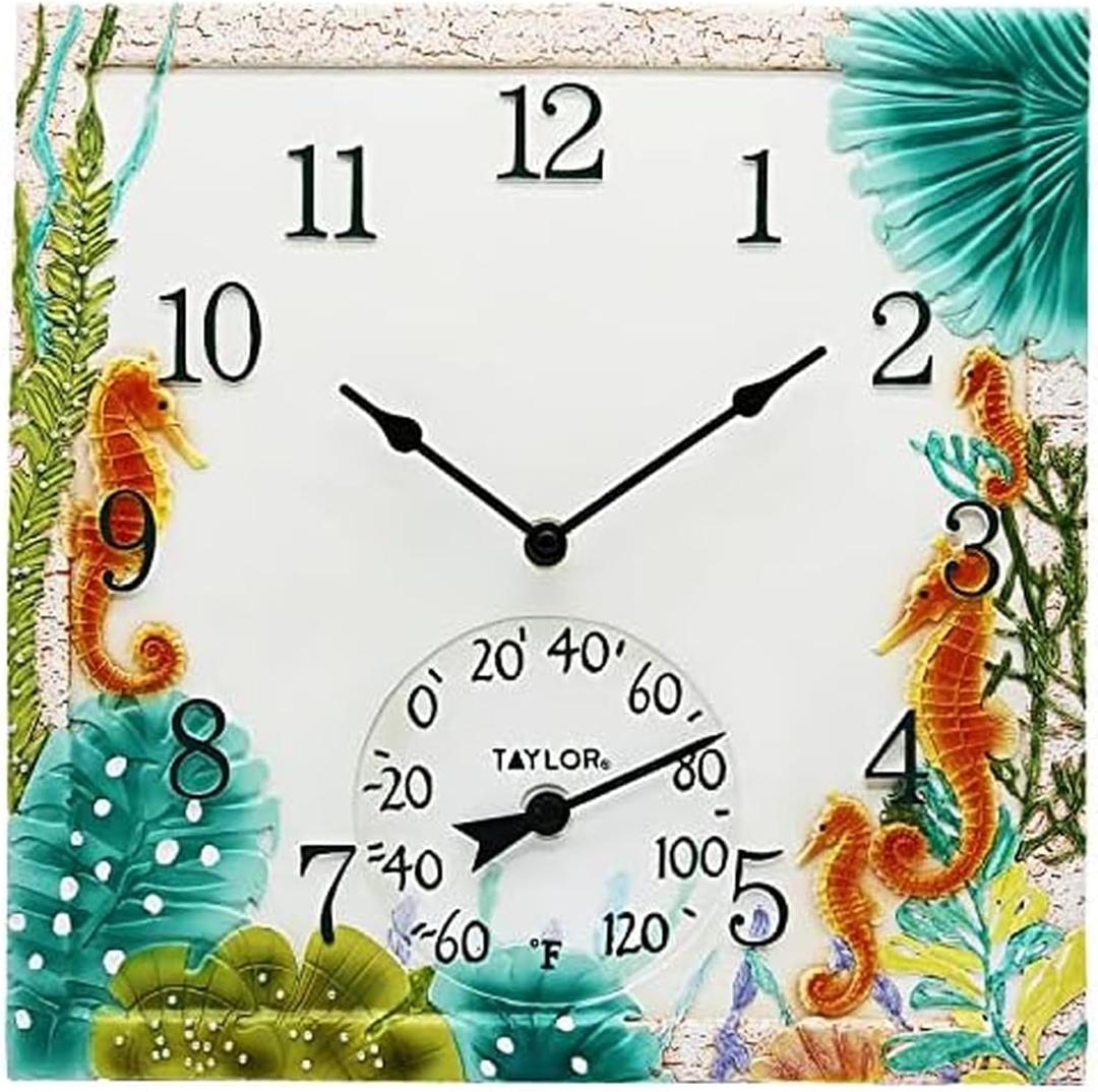 Taylor Seahorse Poly Resin Indoor and Outdoor Clock and Thermometer, Home Decor for Garden, Patio, Pool, and Indoor Areas, 14-inch, Multi-Color