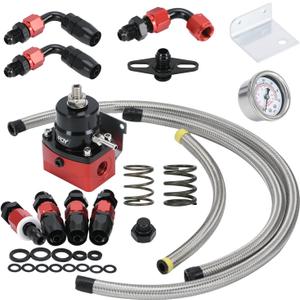 Adjustable Fuel Pressure Regulator Kit 3-70PSI With 6AN Return and 6AN feed Port with AN6-6AN Fuel Line Hoses Connectors (Black+Red)