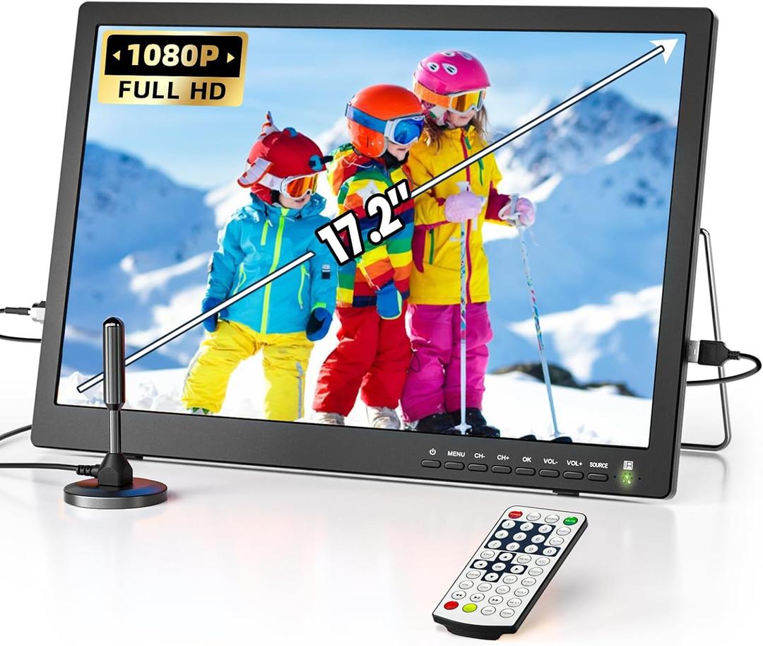 Desobry 17.2 Inch Portable TV with Antenna, 7000mAh Battery Operated TV Small TV with 1080P HDMI Input, AV Input, USB, Portable Monitor with Built-in Stand, Perfect for Kitchen Bedroom Camping RV