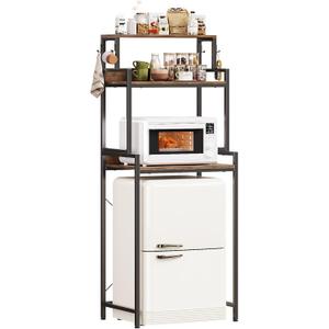 3-Tier Mini Fridge Stand Kitchen Bakers Rack with Adjustable Shelves, Freestanding Microwave Stand with Storage, Split Design Coffee Bar Station for Home Office Dorm (Rustic Brown, 25.6")