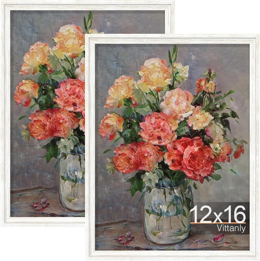 Vittanly 12x16 Picture Frames Set of 2, Ornate Vintage Photo Frame for Wall Mount, Display 8.5x11 Pictures with Mat or 12x16 without Mat, Rustic White