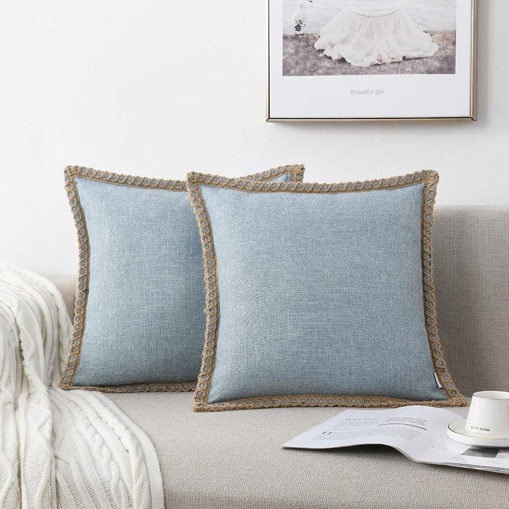 NordECO HOME Set of 2 Farmhouse Throw Pillow Covers - Burlap Linen Trimmed Tailored Edges Decorative Cushion Covers for Bed Home Decoration, 18 x 18, Blue (18" x 18" (Pack of 2), Denim Blue / Linen Band)