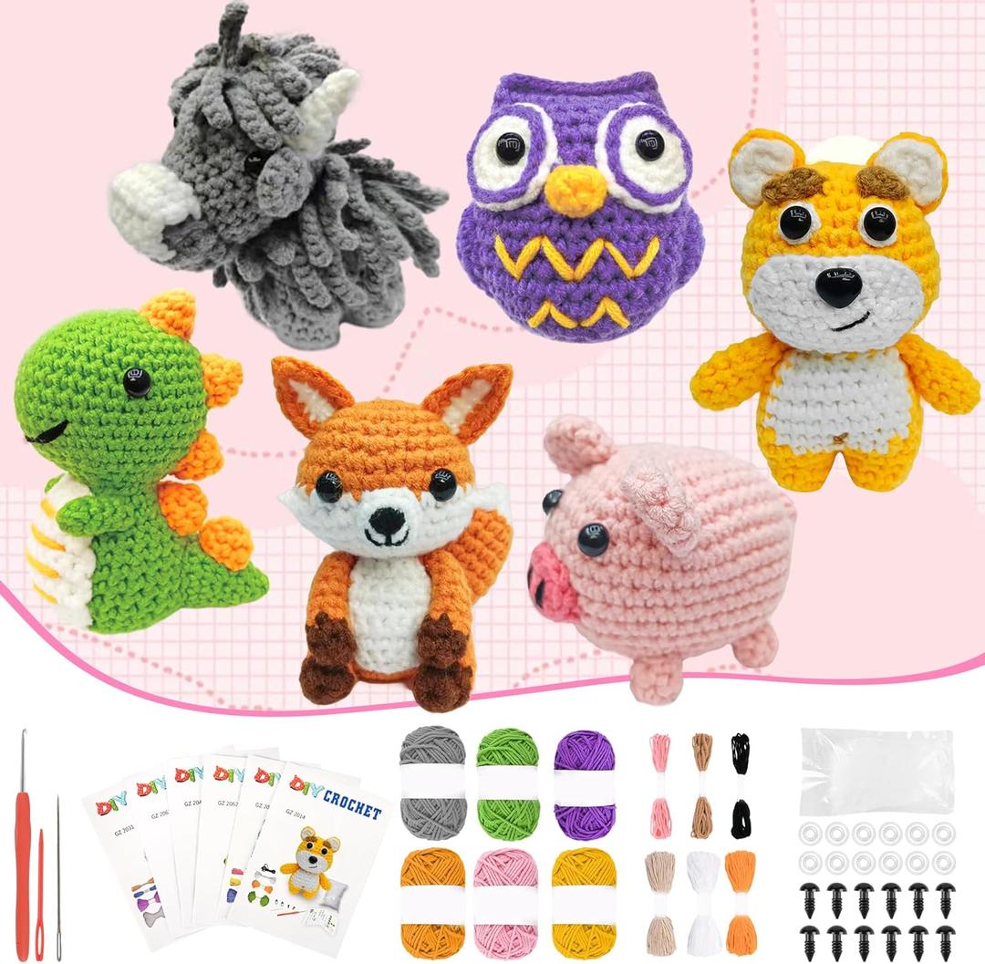 VBNVBN 6Pcs Crochet Kit for Beginners Crochet Animal Kits with Step by Step Videos Tutorials DIY Amigurumi Knitting Kit Complete Starter Set with Yarn Hook Birthday Holiday Crafts Gift for Adults