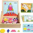 Magnetic Pattern Blocks Wooden Geometric Shape Puzzle Toy for Kids Toddlers Age 3-8 Montessori STEM Learning Educational Game 75Pcs Tangram with Storage Box Travel Gift Classroom Whiteboard