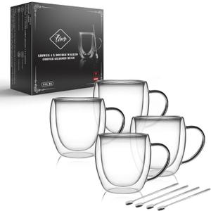 LIBWYS 4 Pack 250ml Double Walled Glass Coffee Mugs with 4 Spoons, Cappuccino Latte Tea Cups with Handle, Heat Resistant Drinking Glasses