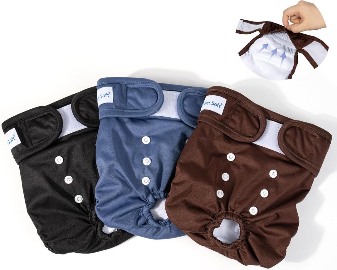 Pet Soft Dog Diapers Female Washable - Pack of 3 Doggie Diapers for Female Dogs, Strong Absorbent Reusable Dog Period Diaper, Female Dog Diapers for Heat & Pet Incontinence Peeing (Deep Set, S) (Small:10''-14'')