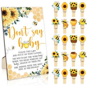 51Pcs Don't Say Baby Shower Game Favor Yellow Bee Sunflower Wooden Sign with 50 Cute Clothespin for Summer Gender Reveal Party Supplies