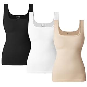 OLCHEE Womens Shapewear Tank Tops Tummy Control Square Neck Seamless Ribbed Compression Slimming Body Shaper - Black White Beige, Size Small