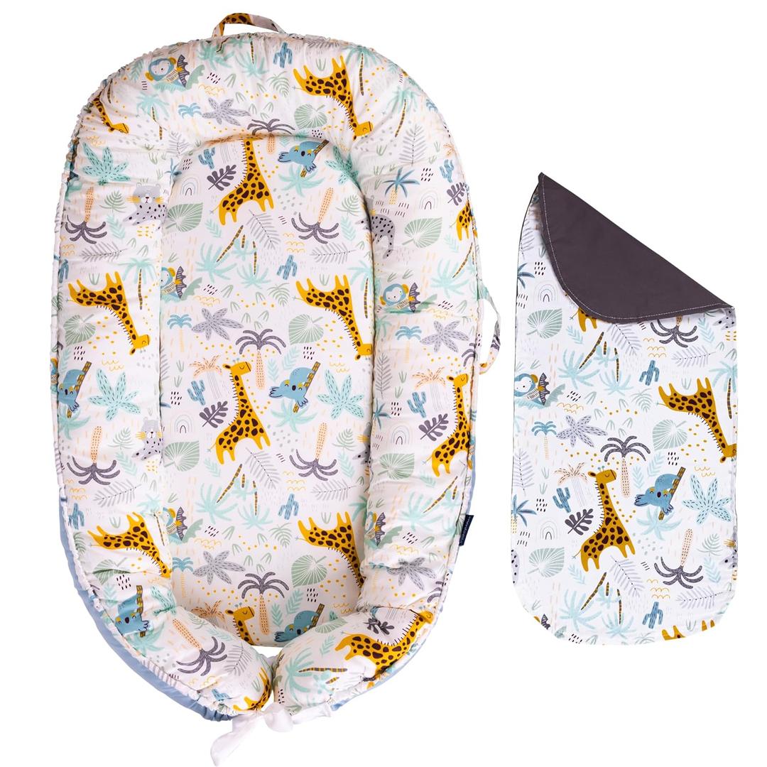 Baby Lounger - Infant & Newborn Lounger with 2-Inch Mattress Pad, Soft Baby Lounger Cover, Waterproof Urine Liner & Waterproof Pad Cover - BL11 Cotton Sky Birds & Giraffes