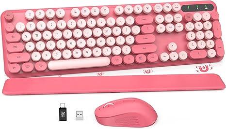 Retro Wireless Keyboard with Round Keycaps, 2.4GHz FullSize USB Cute Wireless Keyboard Mouse for Computer, Desktop, Laptop and Computer (PinkColorful)