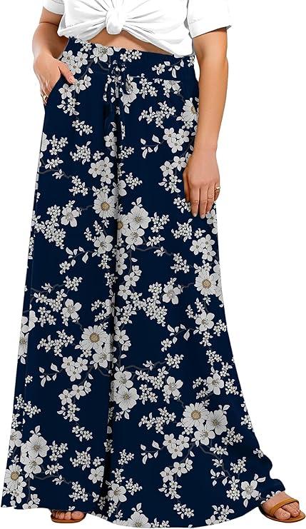 Lastshe Women's Plus Size Pants Wide Leg High Waist Flowy Casual Palazzo Flared Lounge Trousers Culottes with Pockets (1X,  White Xh)