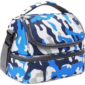 FlowFly Kids Double Decker Cooler Insulated Lunch Bag Large Tote for Boys, Girls, Men, Women, With Adjustable Strap, Blue Camo