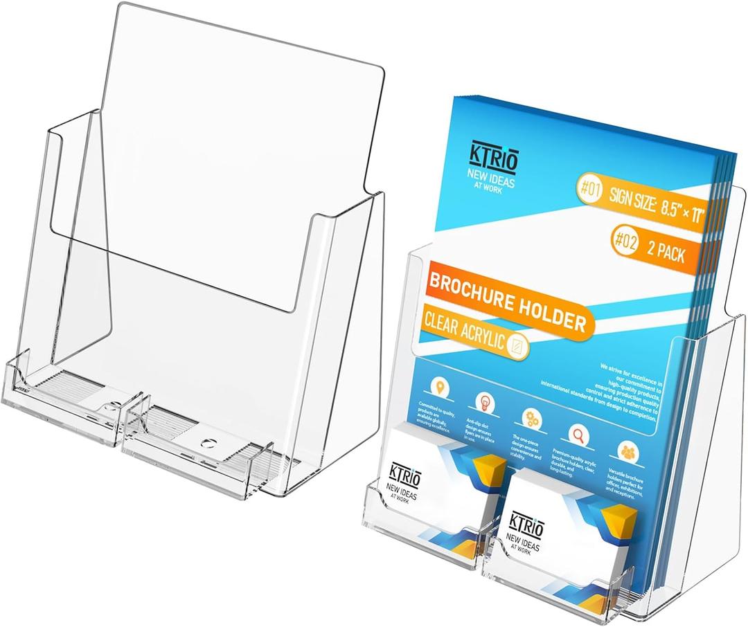 KTRIO Acrylic Brochure Holder 8.5x11 Inches with Business Card Holder 2 Pack, Clear Plastic Brochure Display Stand for Pamphlets, Magazine, Flyers, Booklets, Literature, Signs, Menu, Business Cards
