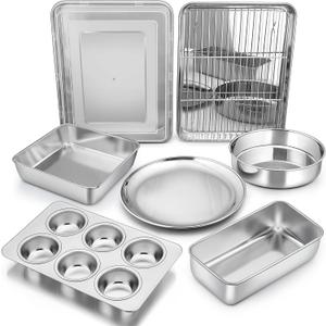Bakeware Sets, P&P CHEF 9-Piece Stainless Steel Baking Pans Set, Round/Square Cake Pan, Toaster Oven Pan, Lasagna Pan, Loaf Pan, Pizza Pan, Muffin Pan, Dishwasher Safe & Durable, Healthy & Non-toxic