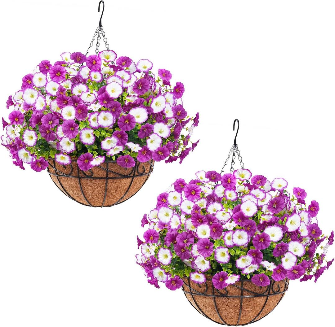 Elyum 2 Pack Artificial Hanging Flowers for Outdoors, Fake Flowers Artificial Petunias Hanging Baskets for Outdoors, UV Resistant Fake Hanging Plants Flowers for Outside Garden Patio Porch Decor