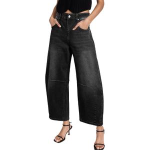 Sidefeel Women's Barrel Jeans Wide Leg Vintage Mid Rise Y2k Baggy Boyfriend Ankle Denim Pants (6, Black)