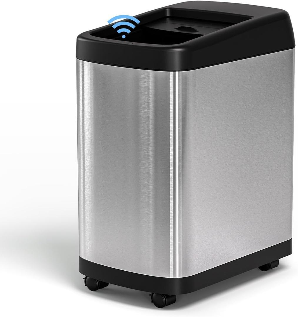 ELLO&ALLO 13 Gallon Kitchen Trash Can with Roll Up Lid, Automatic Touchless Motion Sensor Rectangular Trash Can with Wheels, Brushed Stainless Steel Finish