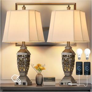 AIDENOEY Farmhouses Table Lamp with USB & USB-C Charging Ports, 3-Color Dimmable & Stepless Bottom Dimming, Touch Control & Switch, Vintage Bedside Lamp for Bedroom Living Room Office,(27.5" high) (Antique Silver-7)