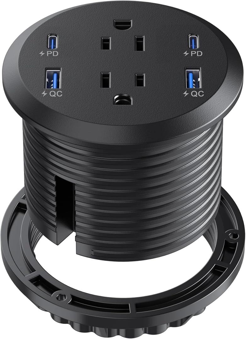Jgstkcity Desktop Power Grommet, 65W USB C Fast Charging Port, Flush Mount Recessed Power Strip 3inch Hole,2 Outlets,4 USB Ports, Countertop Outlet (Black, 65W USB Port)
