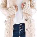 PRETTYGARDEN Long Sleeve Cable Knit Long Cardigan for Women 2025 Fall Winter Chunky Open Front Button Sweaters with Pockets. Size: XXL Color: Beige