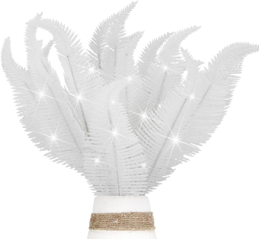 20 Pieces Artificial Christmas Glitter Leaves Branches Sparkly Fake Leaf Sprays for Christmas Tree Picks 10" Ornament Flower Arrangements DIY Crafts Wreaths and Holiday Decoration Tree Filler (White)
