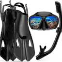 Mask Fin Snorkel Set, Travel Size Snorkeling Gear for Adults with Panoramic View Anti-Fog Mask, Fins, Dry Top Snorkel for Swimming Training, Snorkeling Kit Diving Packages (Black, L/XL)