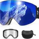 Snowalva Ski Goggles, Snowboard Goggles with 2 UV400 Anti-Fog Detachable Magnet Lenses for Men & Women Adult (Ver.2 Blue(vlt 16.3%) + Clear (Vlt 83.5%))