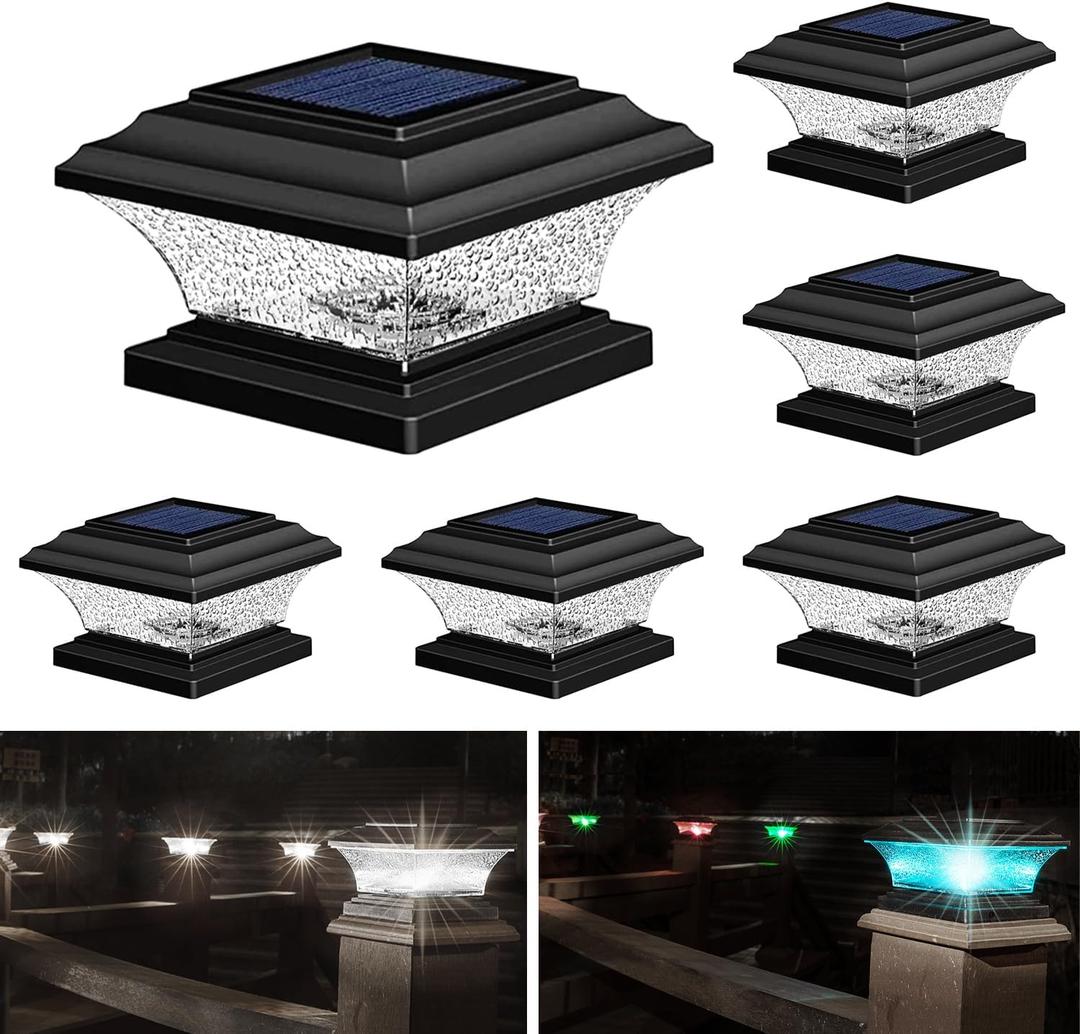 HUYIENO Solar Post Cap Lights Outdoor LED Lighting Deck Fence Cap Light 9 Light Modes Bright White/ 7 Color Fixed Modes/ 7 Color Cycling Mode Suitable for 4x4 5x5 Wooden Posts Black 6pk