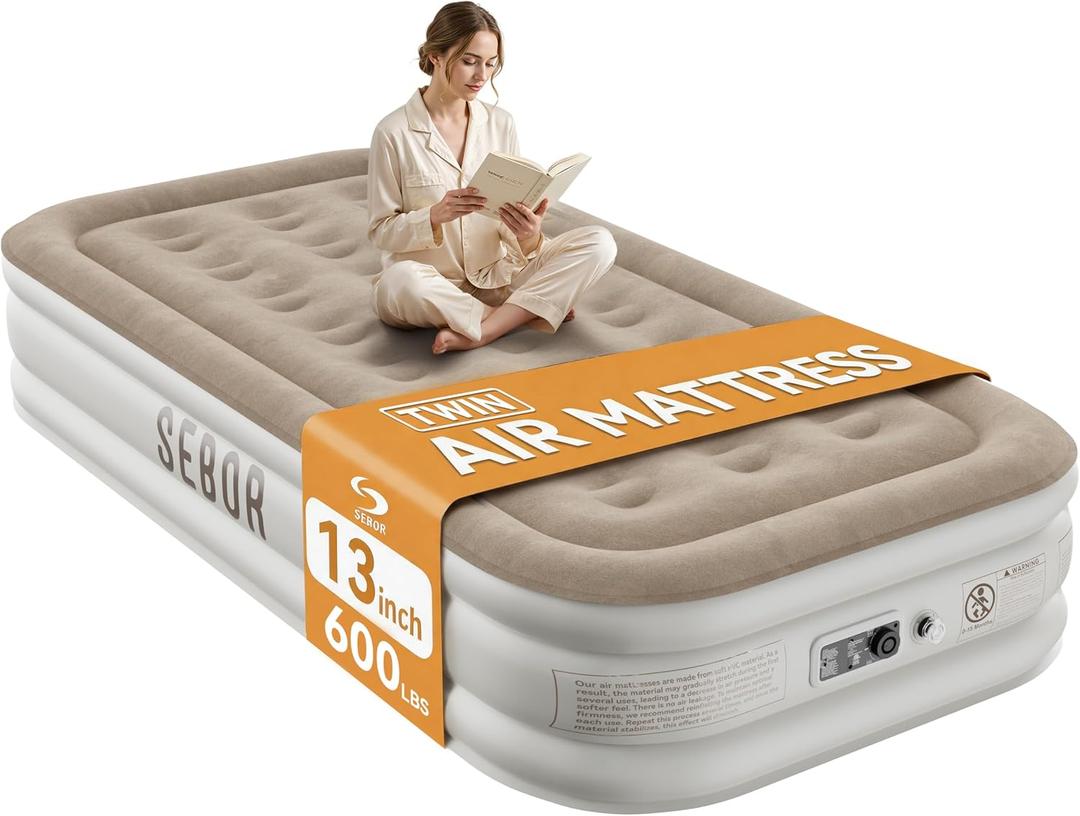 Sebor Air Mattress with Built-in Pump, Comfortable Self-Inflating Air Mattress with High-Speed Pump, Durable Blow Up Mattress Twin with Storage Bag for Guests, Camping (Khaki White, 13" Twin XL)