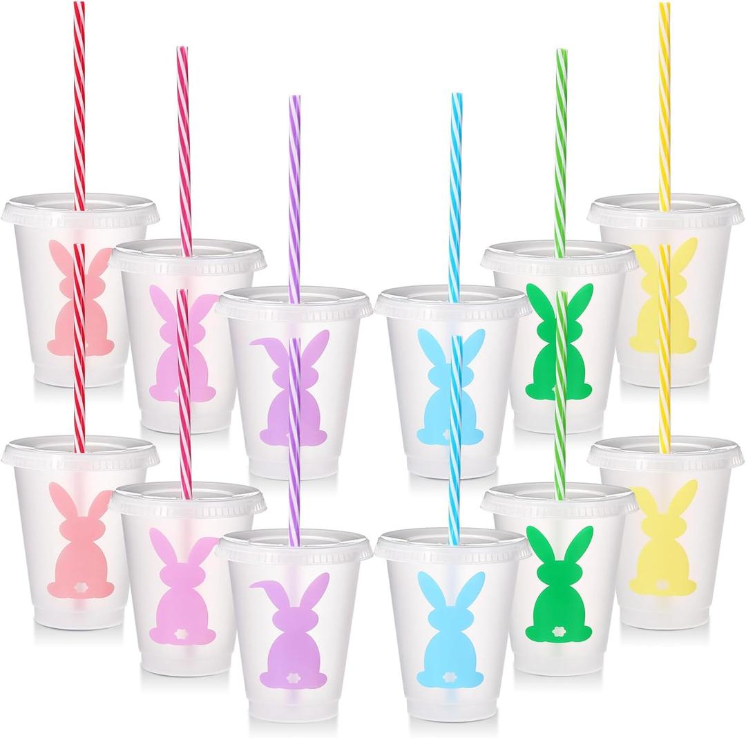 Easter Plastic Cups with Lids and Straws Bunny Rabbit Cups Bulk Reusable Tea Coffee Tumbler for Easter Day Party Drinkware Holiday Supplies (16 oz)