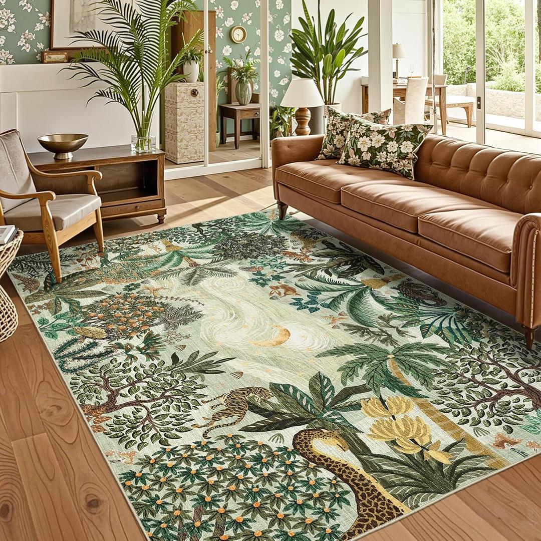GarveeHome 5x7 Jungle Area Rug Washable Rugs for Living Room Bedroom, Soft Low Pile Non Slip Accent Floor Mat Animal Print Green Throw Rug Indoor Carpet Dining Room Playroom