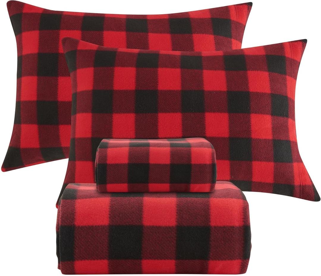Softan Christmas Fleece Sheets Full Size, Flannel Like Soft, Velvet Polar Microfleece Sheets for Winter, Red Buffalo Plaid