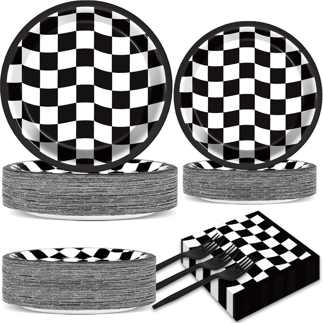 200 PCS Black and White Checkered Party Plates Napkins Race Car Birthday Cake Tableware Set for Checkered Flag Disposable Dessert Plates Forks Decor Serve 50 Guests for Racing Party Favor Supplies