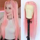 Light Pink Synthetic Lace Front Wigs Long Straight Hair Pink Lace Wigs Natural Hairline Pre Plucked Glueless Synthetic Lace Wigs Heat Resistant Fiber Hair Light Pink Wigs for Women Daily Wear