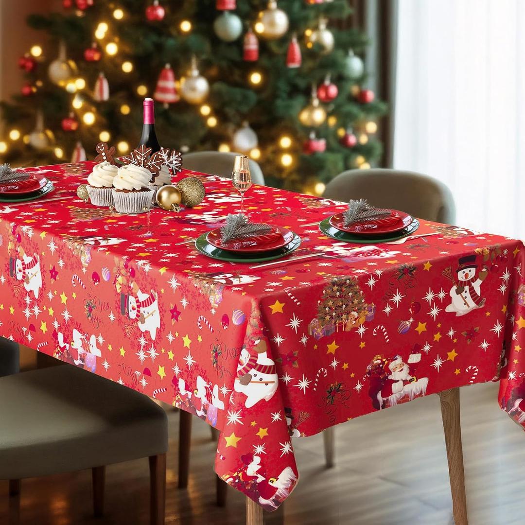 Halibutfly Table Cloth for Rectangle Table, Waterproof and Oil-Proof Vinyl Christmas Tablecloth, Wash-Free Tablecloth with Flannel Backing for Christmas Decoration (55110 Inches, Seats 8-10) (Red)
