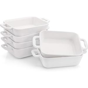Foraineam 6 Pieces Bakeware Set, White Porcelain Souffle Dishes Creme Brulee Ramekins, 61/4 x 43/4 inch Rectangular Baking Pans with Double Handles White