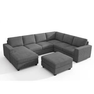 HONBAY Corduroy Sectional Couch with Storage, U Shaped Sectional Sofa, 8 Seater Sectional Couches for Living Room, Dark Gray