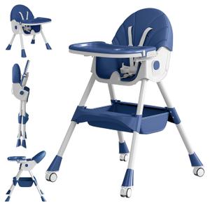Baby High Chair, 5 in 1 High Chairs for Babies and Toddlers, Travel Foldable High Chair with Foot Rest, Detachable PU Cushion, Double Removable Tray, Adjustable Height & Recline, Locking Wheels (Navy Blue)