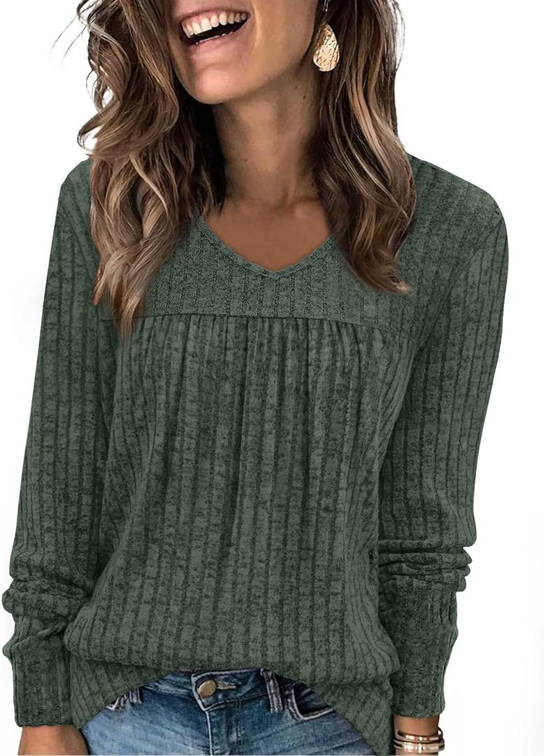 WIHOLL Long Sleeve Shirts for Women V Neck Lightweight Sweaters Casual Tunic Tops Outfits Fall Fashion Clothes 2025 (Small, 01 - Green)