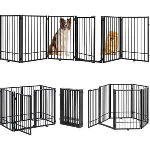 Metal Freestanding Dog Gate with Door, Extra Wide 121", 31" Height Foldable Dog Gates for Doorways, Tall Pet Fence Indoor Pet Gates, 6 Panels Pet Barrier for Stairs Hallways, Black