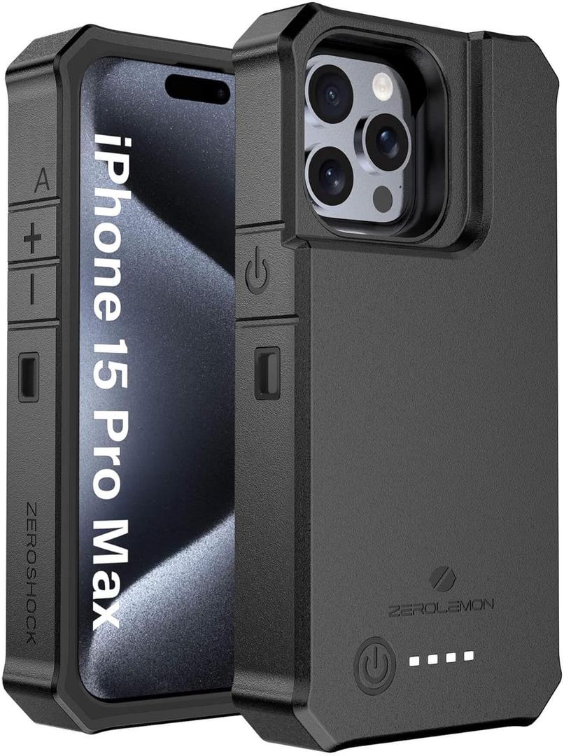 ZEROLEMON RuggedJuicer Battery Case for iPhone 15 Pro Max Black | 10000mAh, Battery Charger, 18W Fast Charging Power, Extended Battery Charger, with Rugged Cover