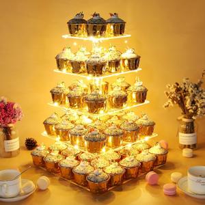 Vdomus 5-Tier Acrylic Cup cake Stand Display Tower with LED String Lights, Dessert Tree Tower Display Tiered Cupcake Stand Holder Platter for Birthday Wedding Party Celebration, Warm (5 Tier Square, Gold)