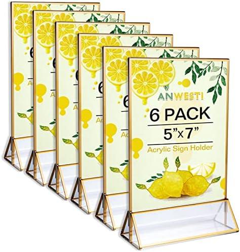 Anwesti Acrylis Sign Holder 5×7 Vertical Gold Picture Frames Acrylic Sign Holder, Double Sided Picture Frames Wedding Table Numbers Holder for Reception Table Card Holders 6 Pack