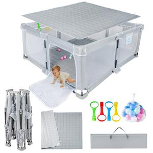 Foldable Baby Playpen 59"x71"Playpen for Babies and Toddlers with MatFoldable playpen with DoorIndoor and Outdoor Baby Fence Play Area (Light Gray, Foldable 59"x71" with Mat)