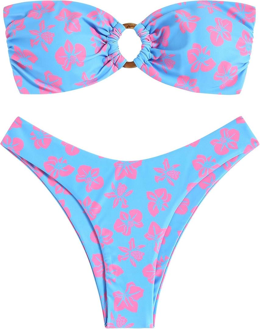 ZAFUL Women's Bandeau Bikini O Ring Strapless Tie Back High Cut Two Piece Swimsuit Bathing Suits (Blue, L)