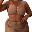SOLY HUX Women's 3 Piece Swimsuits Plus Size Halter Triangle Tie Side Bikini Sets Bathing Suit with Beach Skirt (Pure Coffee Brown)