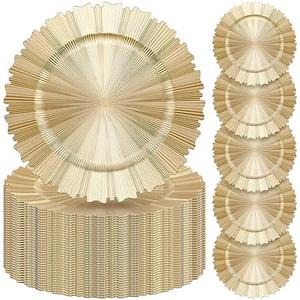 Mifoci 50 Pcs Champagne Gold Charger Plates Bulk 13 Inch Plastic Round Chargers Fluted Edge Dinner Plate Wedding Decoration for Table Setting Wedding Party Event Tabletop