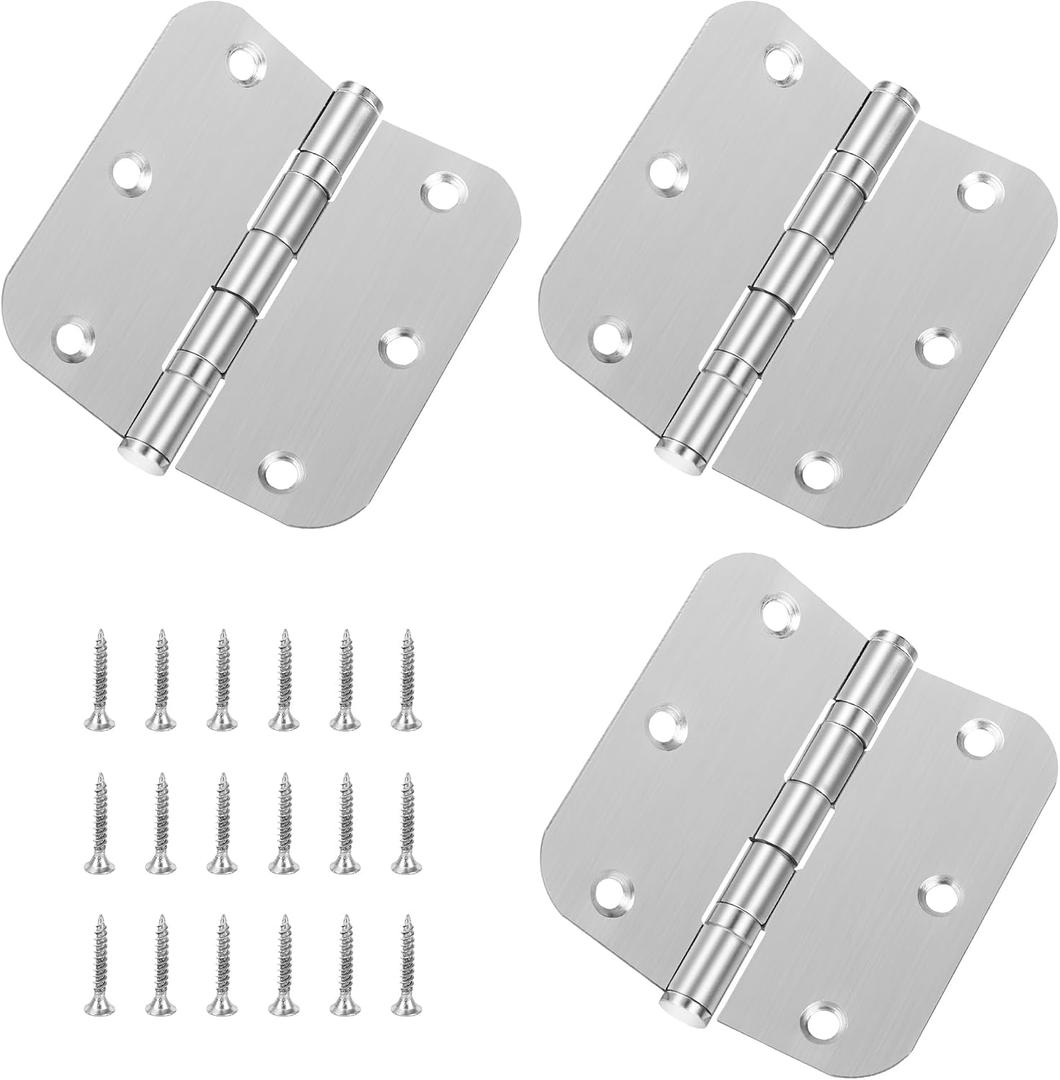 3.5 Inch Ball Bearing Door Hinges 3 Pack, Stainless Steel Rounded Door Hinges, 5/8 Radius Silver Stainless Steel Interior Door Hinge, Replacement Door Interior Metal Hardwares