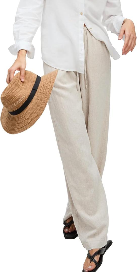 Women's High Waist Wide Leg Pants, Relaxed Beach Trousers with Side Pockets, Fit for Casual Wear (Medium, Light Khaki)